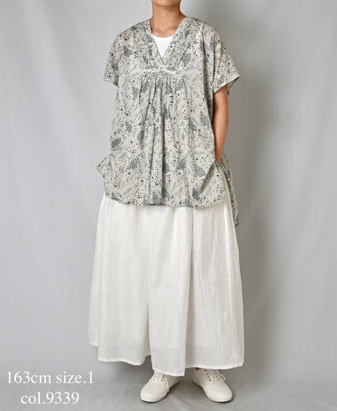 NSL26064 80s VOILE LEAF & FLOWER PRINT V-NECK FRENCH/SL TUNIC