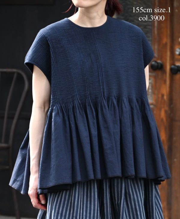 INMDS26053 HANDWOVEN COTTON HAKEME CREW NECK FRENCH/SL SHIRTS WITH PINTUCK