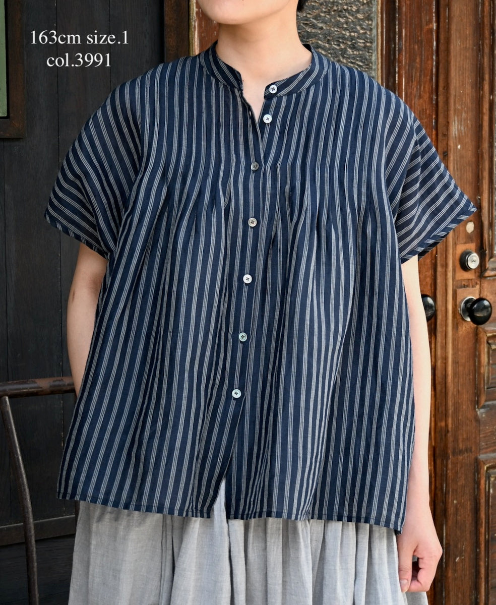 INSL26331 60s AUTO LOOM COTTON/LINEN STRIPE BANDED COLLAR FRENCH