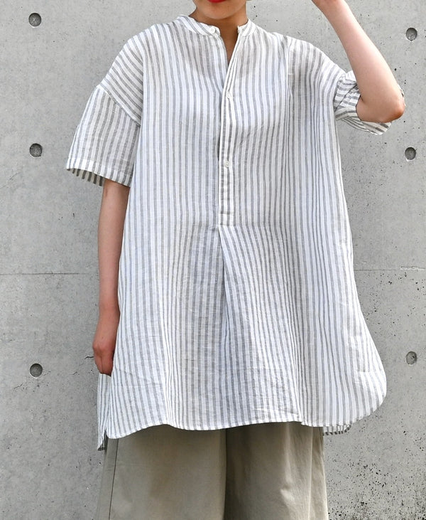 INSL26333 60s AUTO LOOM COTTON/LINEN STRIPE BANDED COLLAR S/SL TUNIC