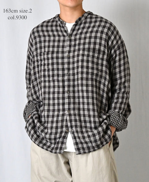 INAM2681DGD COTTON DOUBLE GAUZE CHECK OVERDYE UTILITY BANDED COLLAR SHIRT
