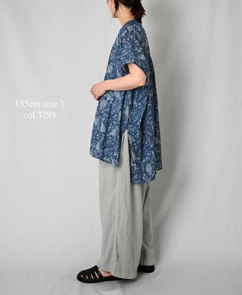NSL26064 80s VOILE LEAF & FLOWER PRINT V-NECK FRENCH/SL TUNIC