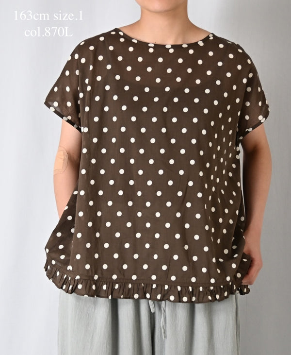 NSL26056 80s COTTON VOILE DOT PRINT HEM FRILL GATHERED SMOCK