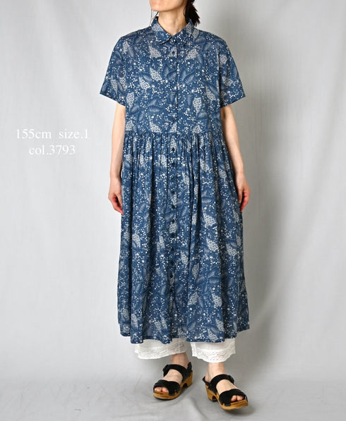 NSL26063 80s VOILE LEAF & FLOWER PRINT REGULAR COLLAR S/SL DRESS