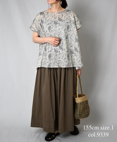 NSL26062 80s VOILE LEAF & FLOWER PRINT FRENCH/SL BACK SIDE GATHERED SMOCK
