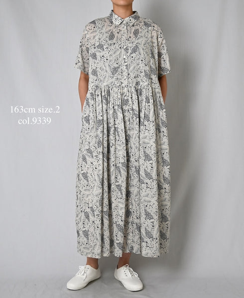 NSL26063 80s VOILE LEAF & FLOWER PRINT REGULAR COLLAR S/SL DRESS