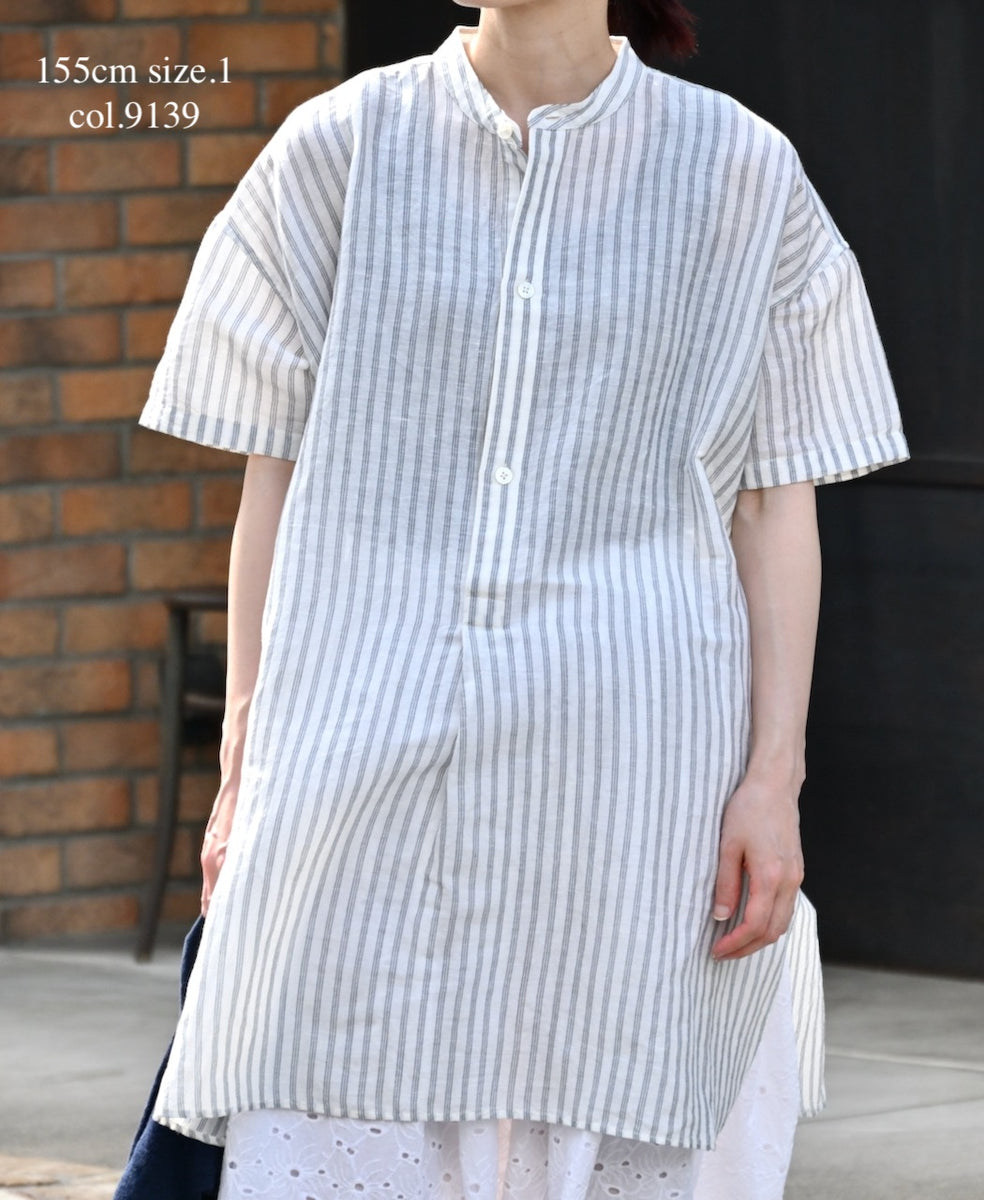 INSL26333 60s AUTO LOOM COTTON/LINEN STRIPE BANDED COLLAR S/SL