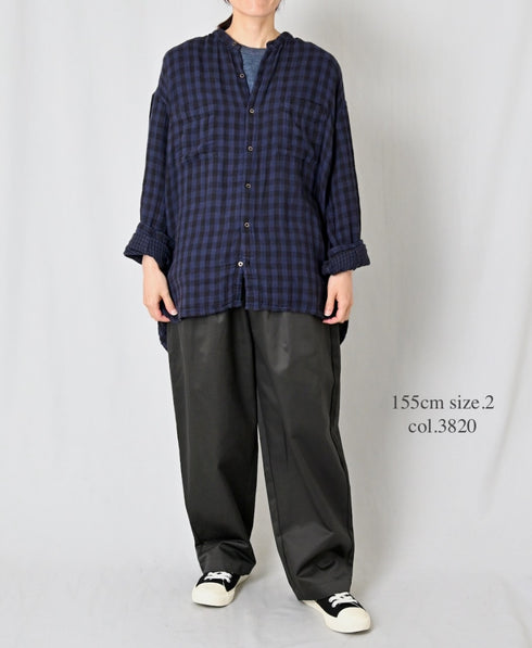 INAM2681DGD COTTON DOUBLE GAUZE CHECK OVERDYE UTILITY BANDED COLLAR SHIRT