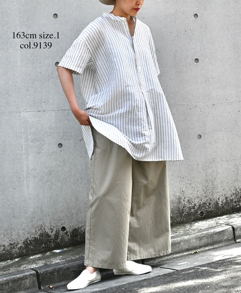 INSL26333 60s AUTO LOOM COTTON/LINEN STRIPE BANDED COLLAR S/SL TUNIC