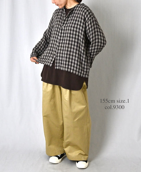 INAM2683DGD COTTON DOUBLE GAUZE CHECK OVERDYE CREW NECK CARDIGAN