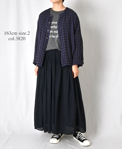 INAM2683DGD COTTON DOUBLE GAUZE CHECK OVERDYE CREW NECK CARDIGAN