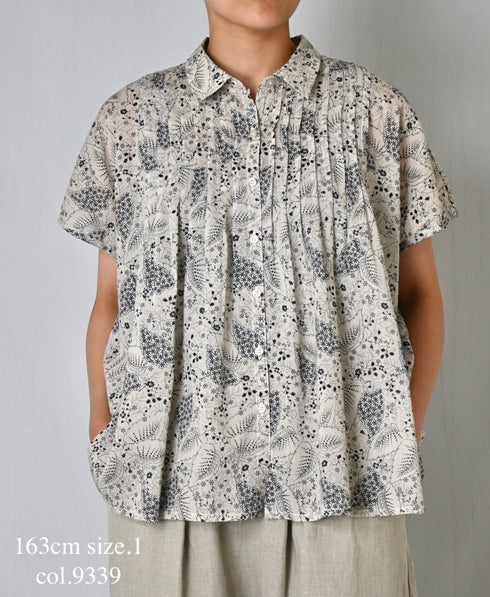 NSL26061 80s VOILE LEAF & FLOWER PRINT REGULAR COLLAR FRENCH/SL PINTUCK SHIRT