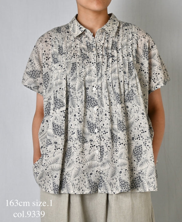 NSL26061 80s VOILE LEAF & FLOWER PRINT REGULAR COLLAR FRENCH/SL PINTUCK SHIRT