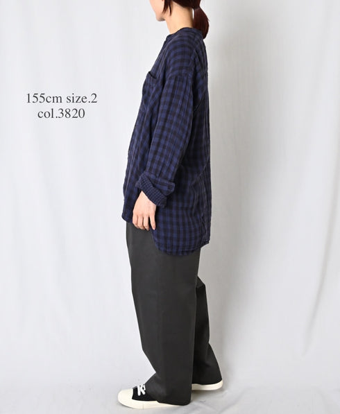 INAM2681DGD COTTON DOUBLE GAUZE CHECK OVERDYE UTILITY BANDED COLLAR SHIRT
