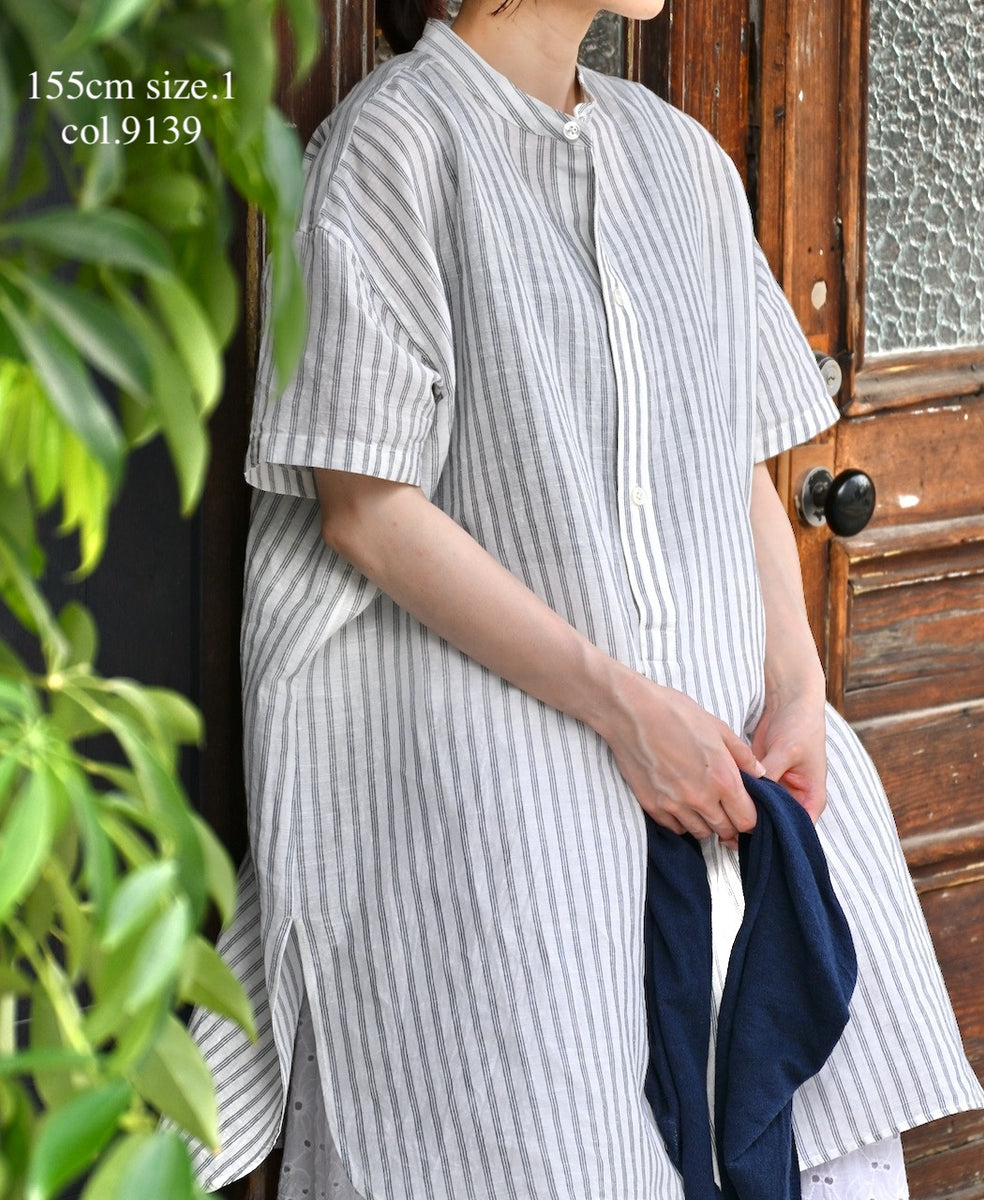 INSL26333 60s AUTO LOOM COTTON/LINEN STRIPE BANDED COLLAR S/SL