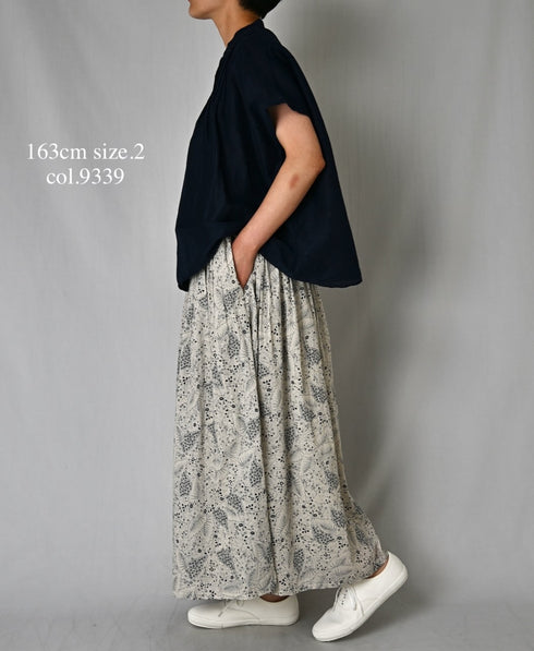 NSL26065 80s VOILE LEAF & FLOWER PRINT GATHERED SKIRT