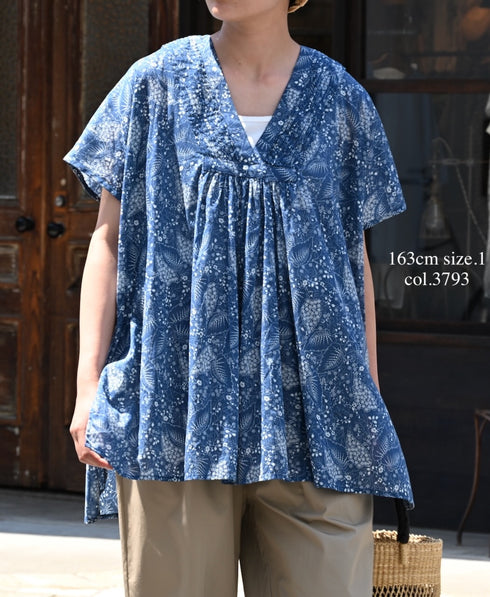 NSL26064 80s VOILE LEAF & FLOWER PRINT V-NECK FRENCH/SL TUNIC