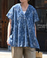 NSL26064 80s VOILE LEAF & FLOWER PRINT V-NECK FRENCH/SL TUNIC