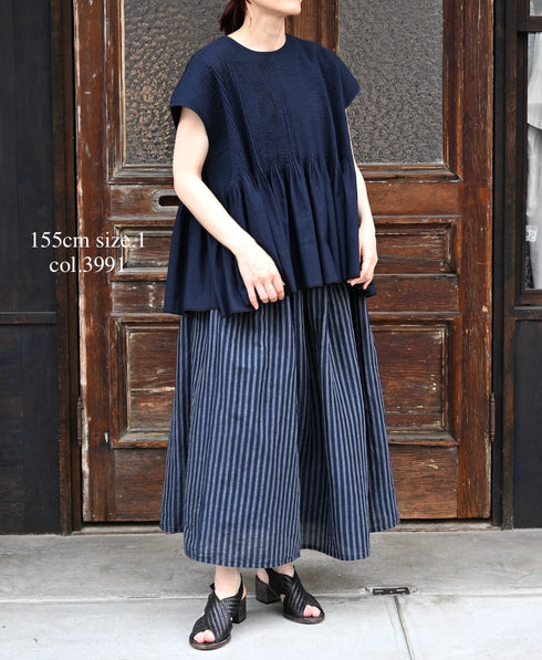 INSL26335 60s AUTO LOOM COTTON/LINEN STRIPE GATHERED SKIRT