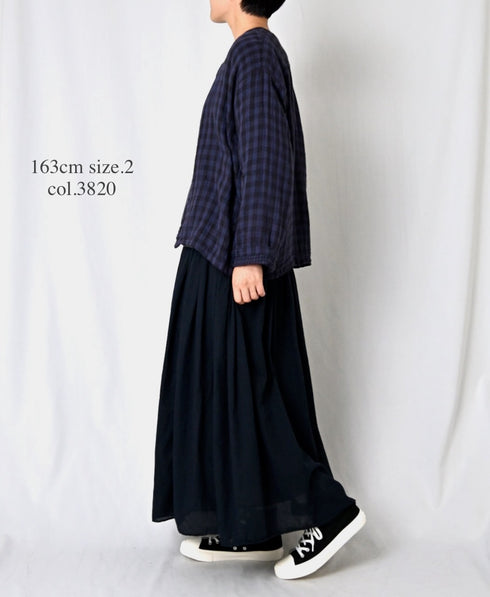 INAM2683DGD COTTON DOUBLE GAUZE CHECK OVERDYE CREW NECK CARDIGAN