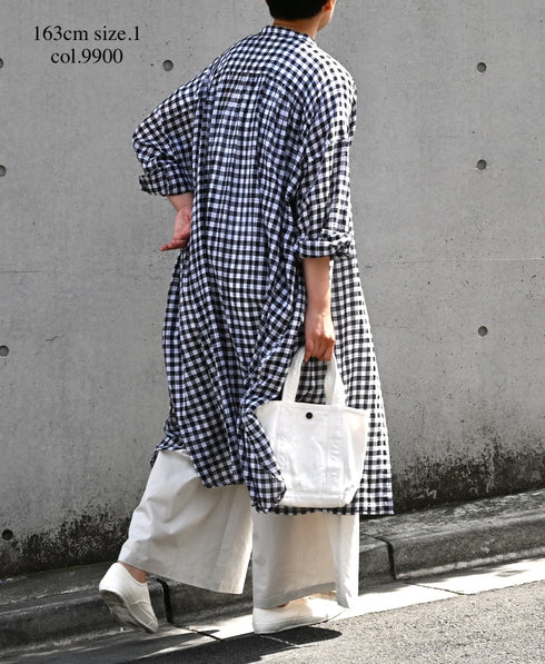 NSL26103 FANCY GINGHAM CHECK BANDED COLLAR GATHER SHIRT DRESS