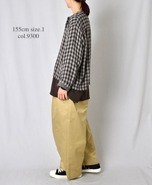 INAM2683DGD COTTON DOUBLE GAUZE CHECK OVERDYE CREW NECK CARDIGAN
