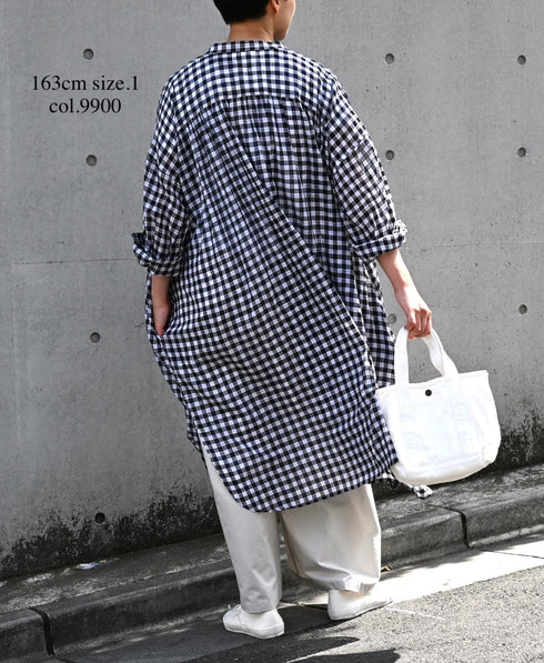 NSL26103 FANCY GINGHAM CHECK BANDED COLLAR GATHER SHIRT DRESS