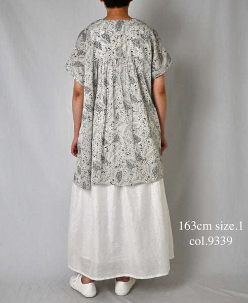 NSL26064 80s VOILE LEAF & FLOWER PRINT V-NECK FRENCH/SL TUNIC