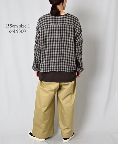 INAM2683DGD COTTON DOUBLE GAUZE CHECK OVERDYE CREW NECK CARDIGAN