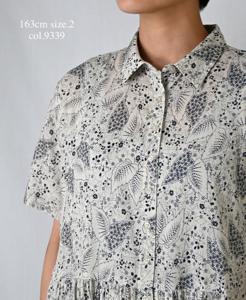 NSL26063 80s VOILE LEAF & FLOWER PRINT REGULAR COLLAR S/SL DRESS