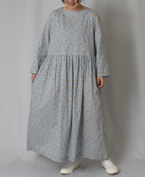 INAM2514FD COTTON FLOWER PRINT BOAT NECK L/SL ONE-PIECE
