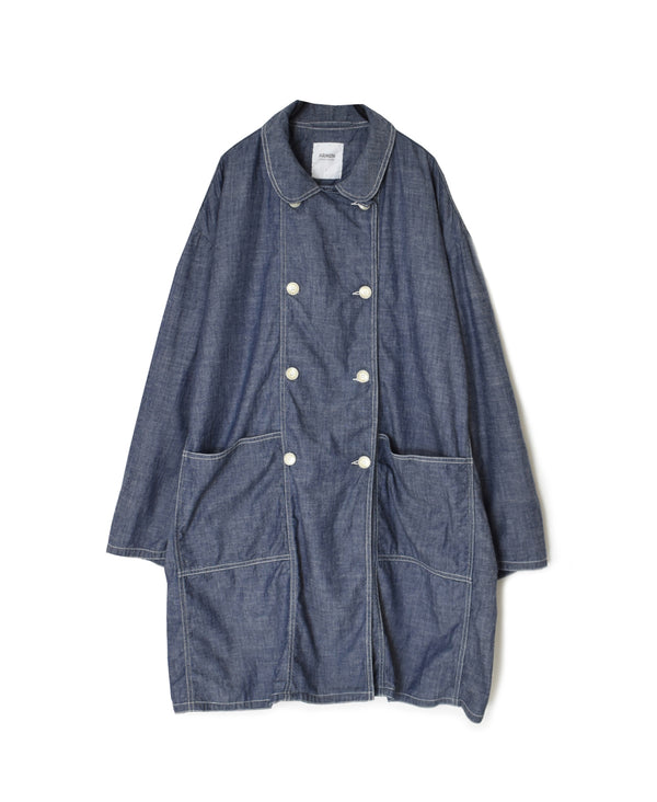 ISNAM2602CB NAVY (INDIGO) CHAMBRAY ROUND COLLAR DOUBLE LONG JACKET