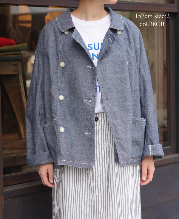 ISNAM2601CB NAVY (INDIGO) CHAMBRAY ROUND COLLAR DOUBLE JACKET