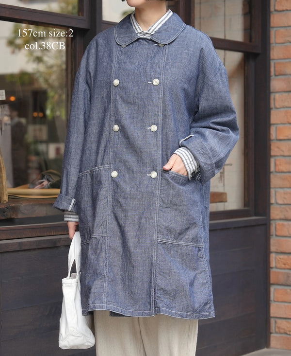 ISNAM2602CB NAVY (INDIGO) CHAMBRAY ROUND COLLAR DOUBLE LONG JACKET