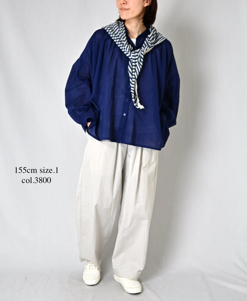 NSL26021 80s COTTON VOILE PLAIN BANDED COLLAR GATHERED SHIRT