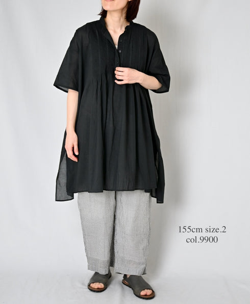 NSL26023 80s COTTON VOILE PLAIN BANDED COLLAR S/SL PINTUCK SHIRT