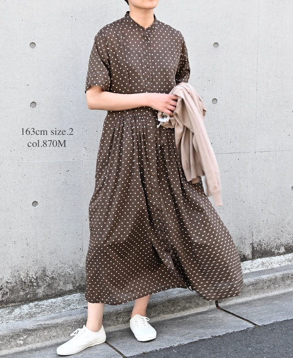 NSL26054 80s COTTON VOILE DOT PRINT BANDED COLLAR S/SL DRESS