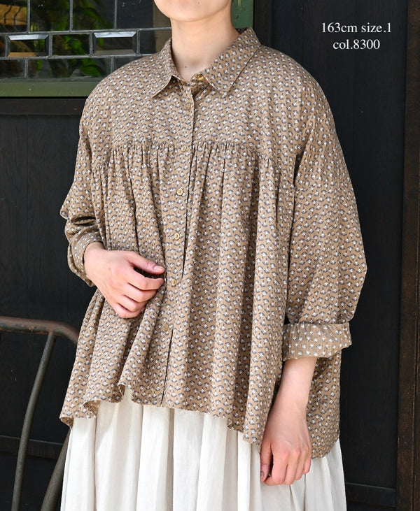 NSL26031 COTTON SLUB SMALL FLOWR PRINT REGULAR COLLAR GATHERED SHIRT SMOCK