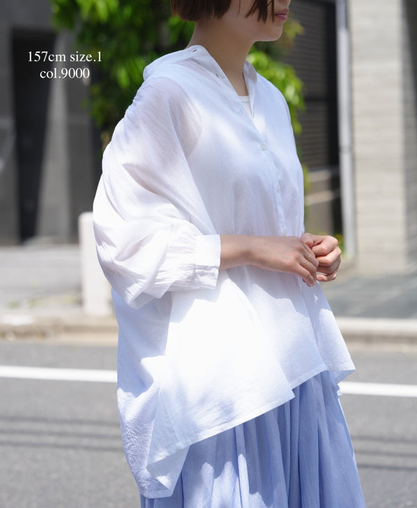 NSL26021 80s COTTON VOILE PLAIN BANDED COLLAR GATHERED SHIRT
