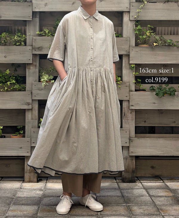 INMDS26064 HANDWOVEN COTTON STRIPE REGULAR COLLAR SHIRTS DRESS WITH RAJASTHAN GATHER