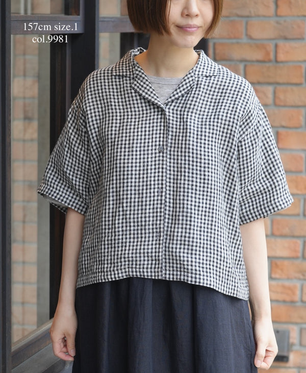 INSL26311 60s LINEN GINGHAM CHECK OPEN COLLAR SHIRTS