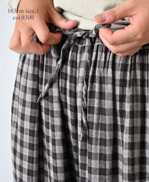 INAM2684DGD COTTON DOUBLE GAUZE CHECK OVERDYE GATHERED EASY PANTS WITH LINING