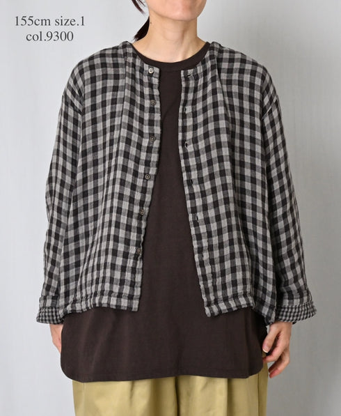 INAM2683DGD COTTON DOUBLE GAUZE CHECK OVERDYE CREW NECK CARDIGAN
