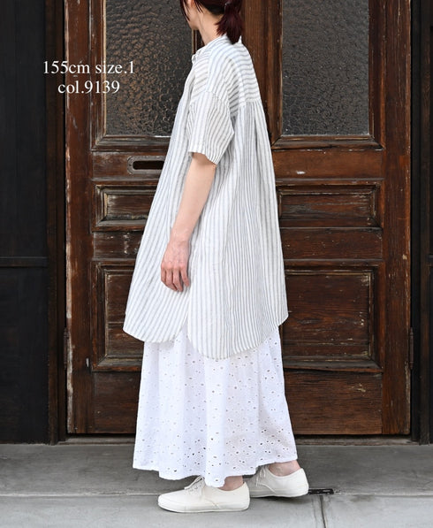INSL26333 60s AUTO LOOM COTTON/LINEN STRIPE BANDED COLLAR S/SL TUNIC