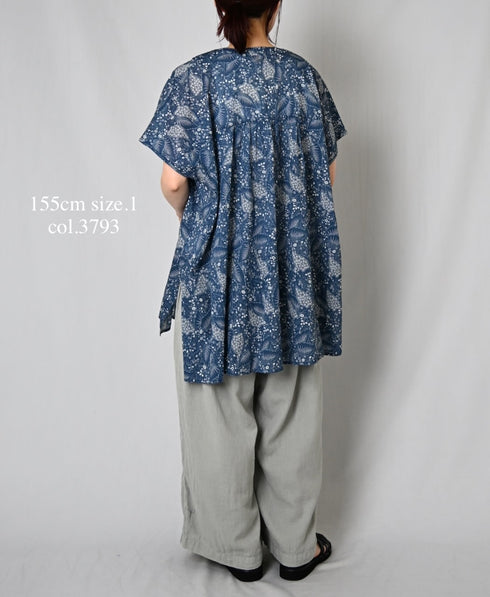 NSL26064 80s VOILE LEAF & FLOWER PRINT V-NECK FRENCH/SL TUNIC