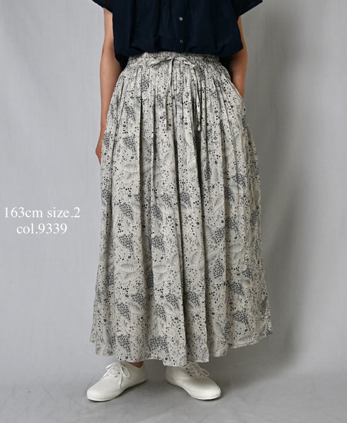 NSL26065 80s VOILE LEAF & FLOWER PRINT GATHERED SKIRT