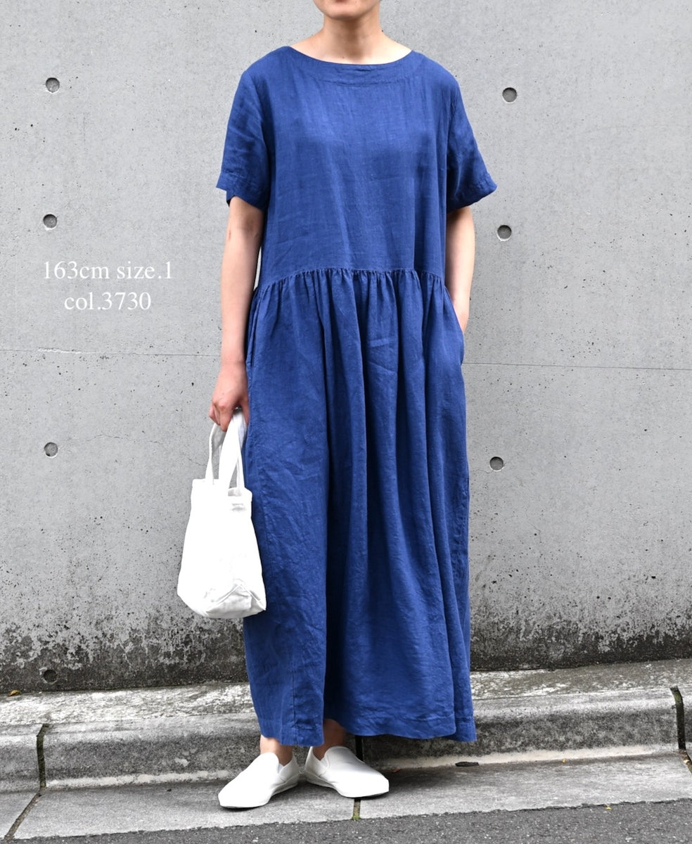 NAM1632LP LINEN PLAIN OVERDYE BOAT NECK S/SL ONE-PIECE – Narumi