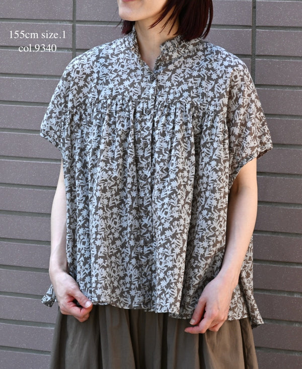 NSL26071 80s VOILE TWO TONE FLOWER PRINT FRILL COLLAR FRENCH/SL SHIRT