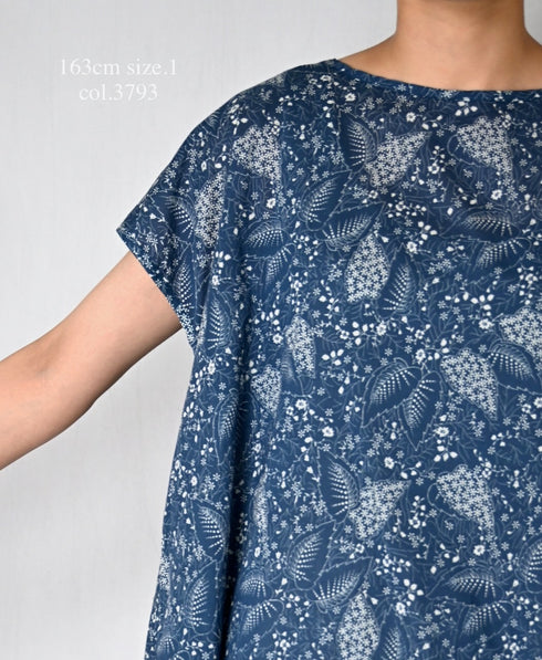 NSL26062 80s VOILE LEAF & FLOWER PRINT FRENCH/SL BACK SIDE GATHERED SMOCK