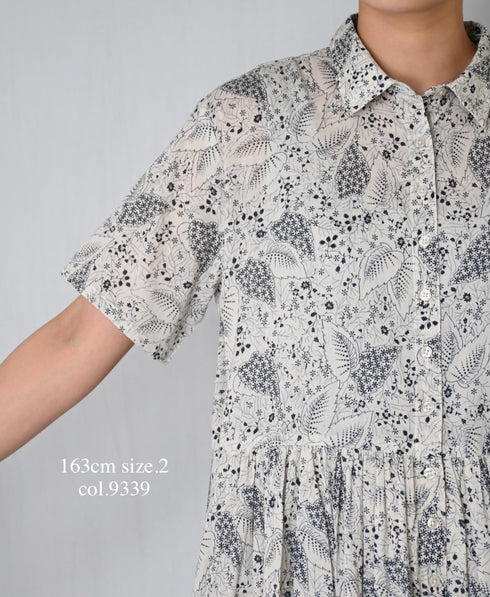 NSL26063 80s VOILE LEAF & FLOWER PRINT REGULAR COLLAR S/SL DRESS